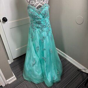 Jovani seafoam rhinestone and sequin appliqué ball gown princess dress.